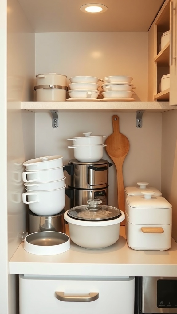 Organized kitchenette shelf with nesting kitchenware including bowls and pots.