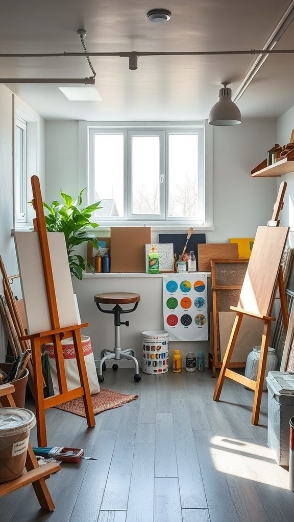 Bright art studio in a finished basement with easels, natural light, and art supplies.
