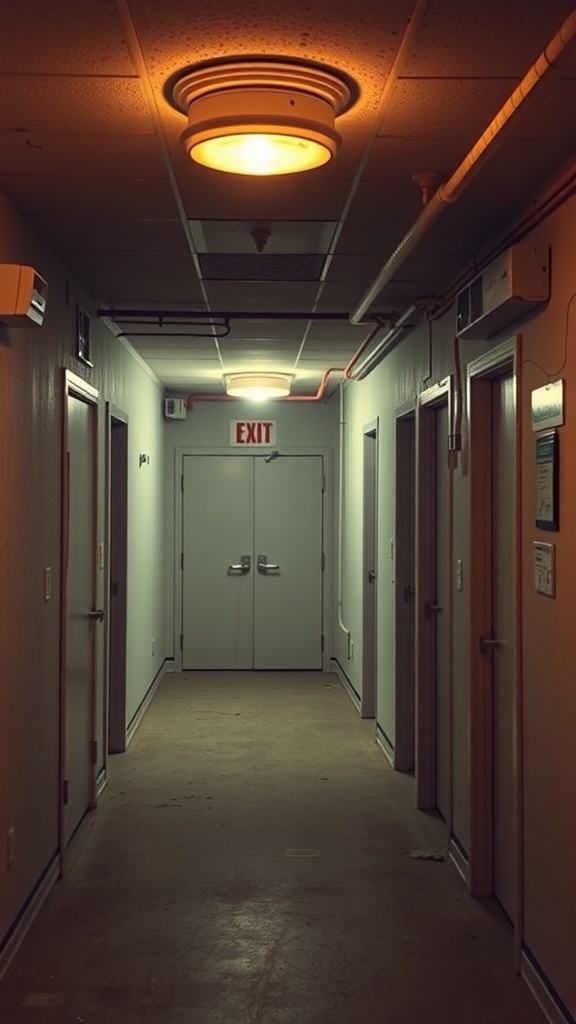 A dimly lit hallway in a basement with several doors and an exit sign.