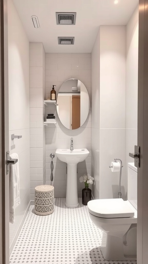 Modern basement bathroom with a round mirror, shelves, and stylish decor.