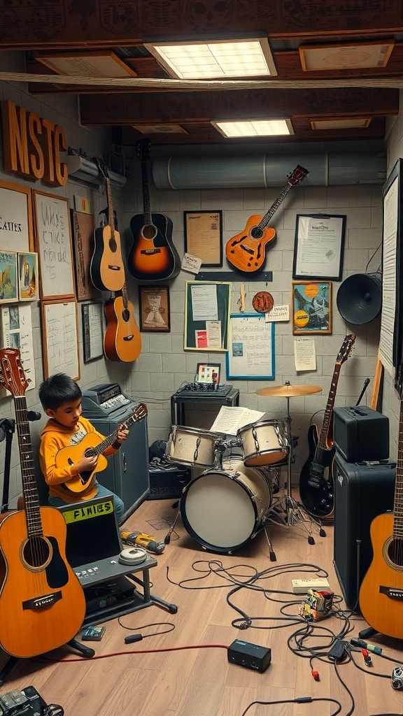 A young boy playing a ukulele in a basement music corner filled with various instruments.