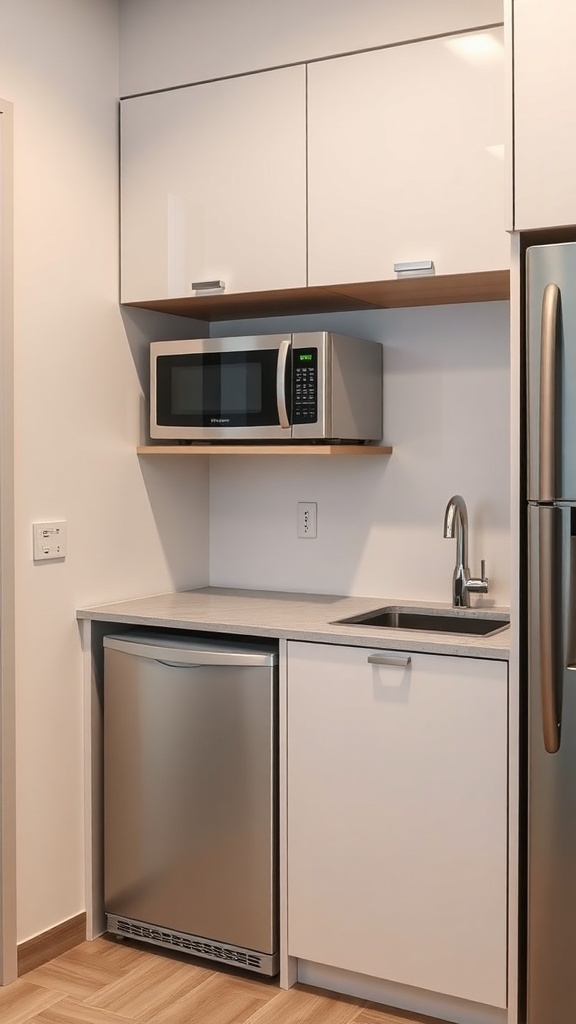 A modern kitchenette featuring under-counter appliances including a microwave and refrigerator.