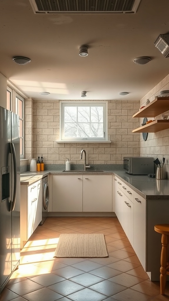 A bright and inviting basement kitchenette with a large window allowing natural light to enter.