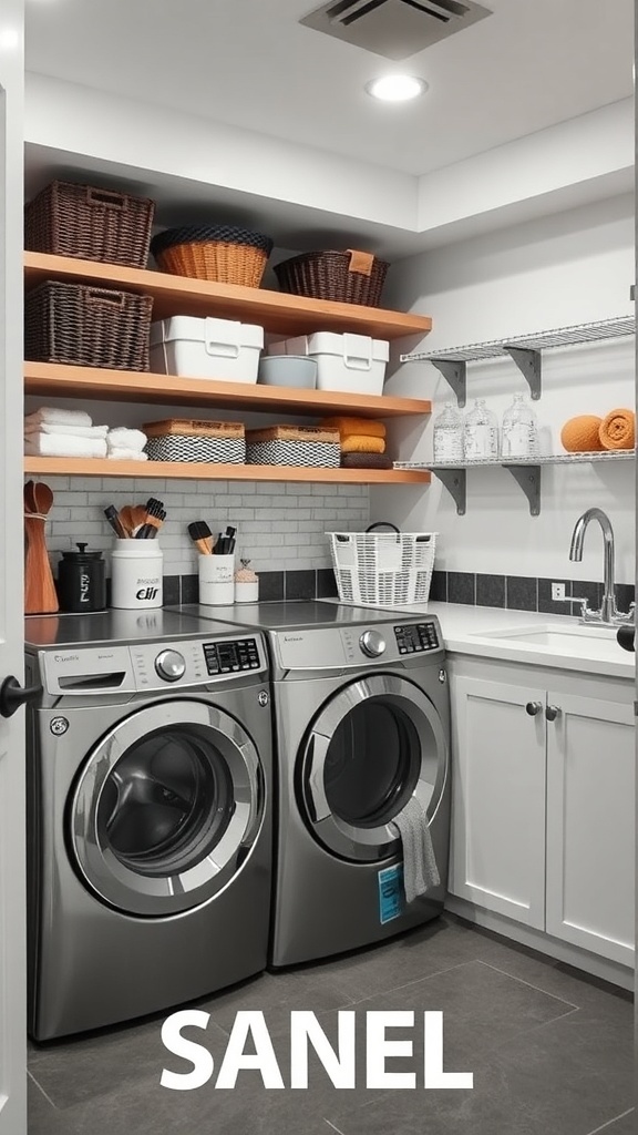Modern laundry room with silver washing machines, wooden shelves, and organized storage.