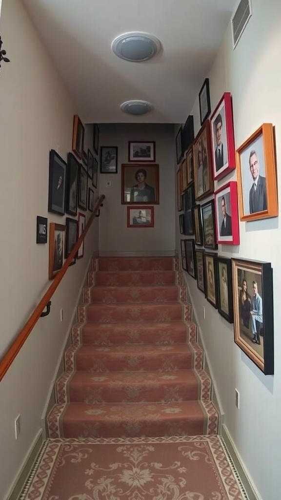 A stairwell with a gallery wall featuring various framed portraits and photos.