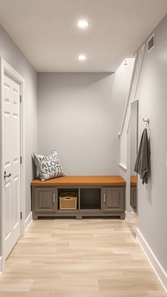 A basement stairwell landing featuring a functional bench with storage and decorative pillow.