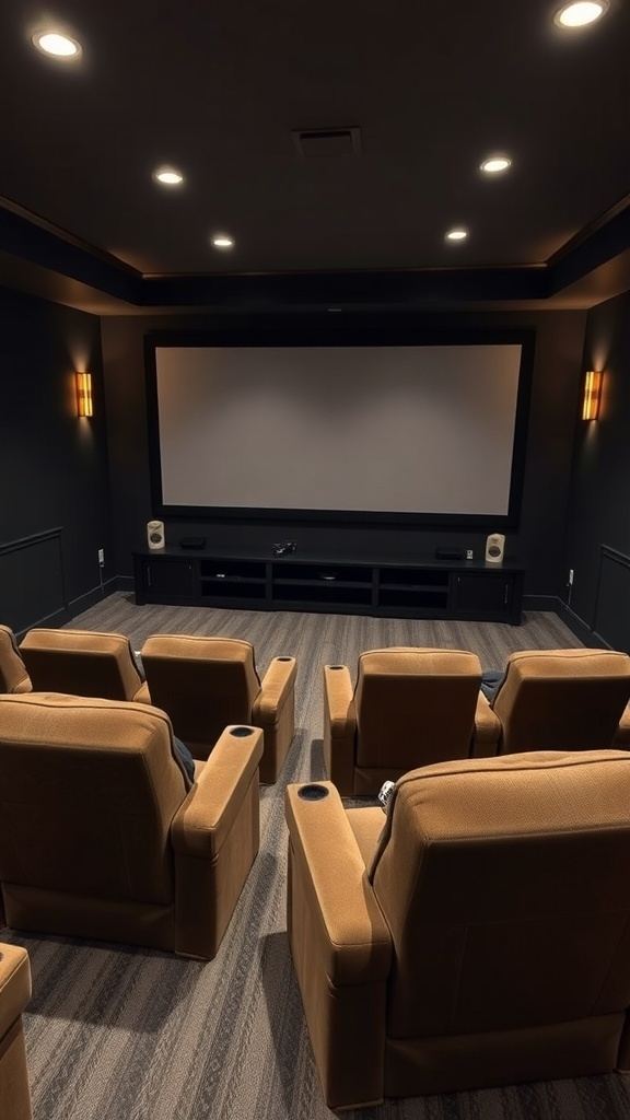 Cozy home theater setup in a finished basement with comfortable seating and a large screen.