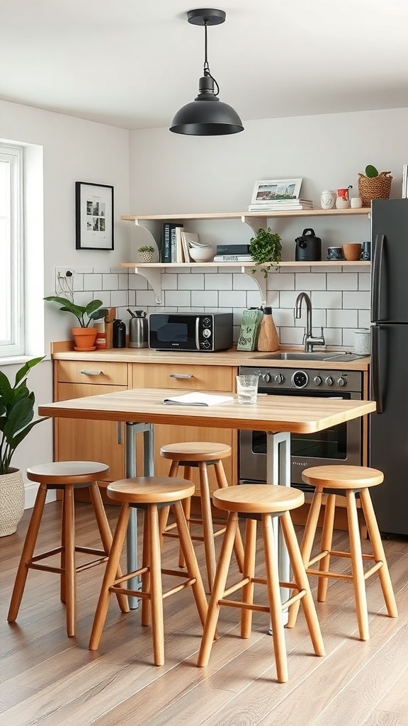 A modern kitchenette featuring a wooden table with stools, open shelving, and a sleek design.