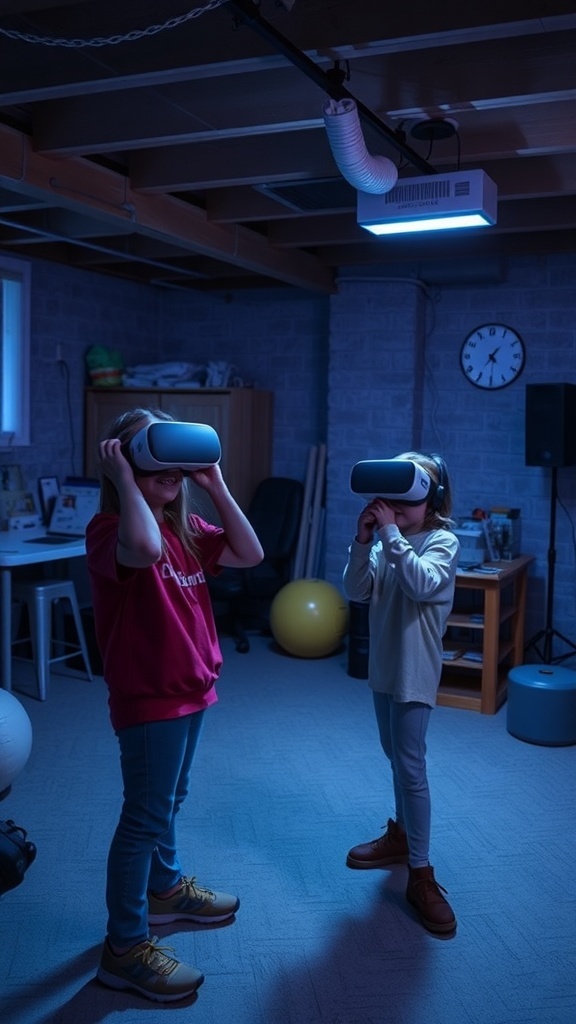 Two kids in a basement wearing VR headsets, engaged in a virtual reality experience.