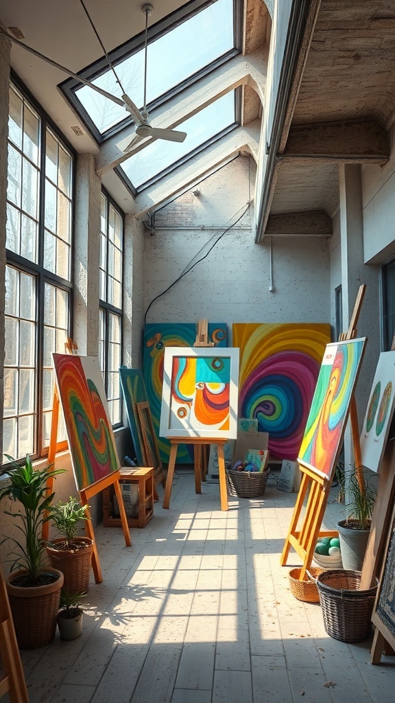 Bright art studio in a basement with large windows, colorful paintings on easels, and plants.