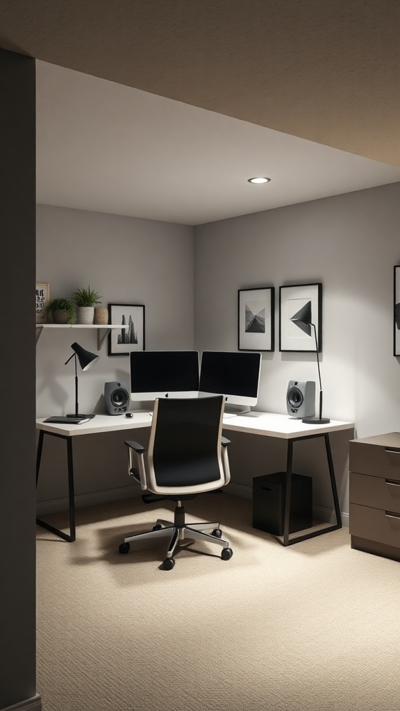 A modern basement home office with two monitors, a desk, and stylish decor.