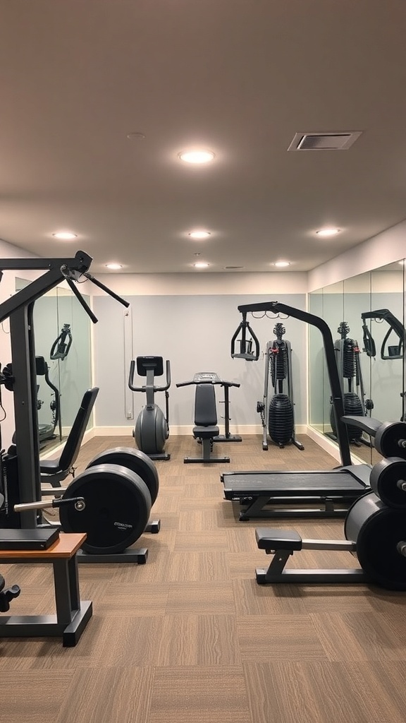 A stylish home gym in a finished basement with workout machines and weights.