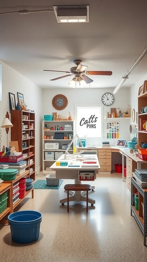 A bright and organized craft room with a large table, shelves filled with supplies, and a cozy atmosphere.