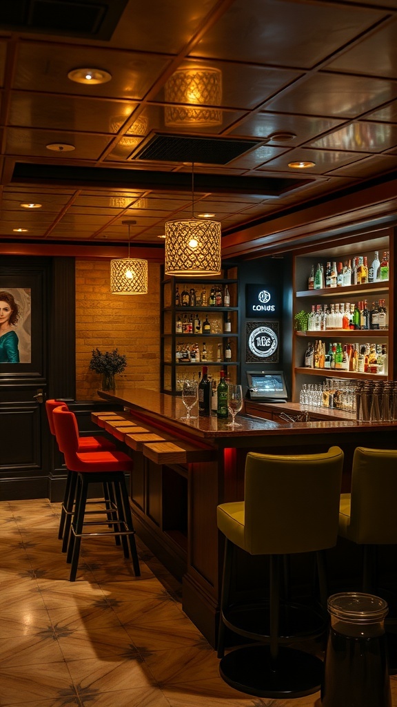 Luxurious basement bar area with colorful seating and warm lighting