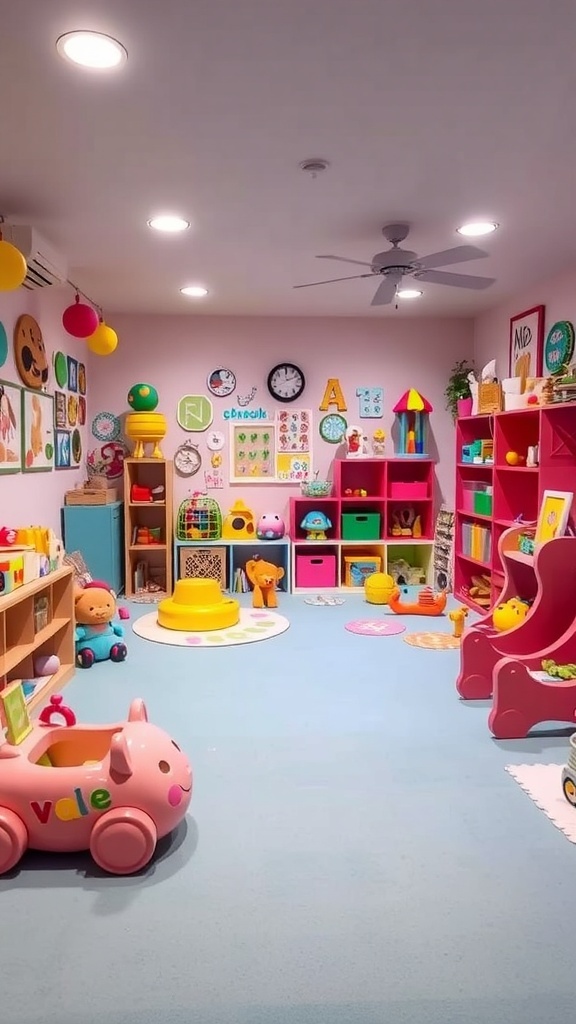 A colorful children's playroom featuring bright decor, toys, and a cozy play area.