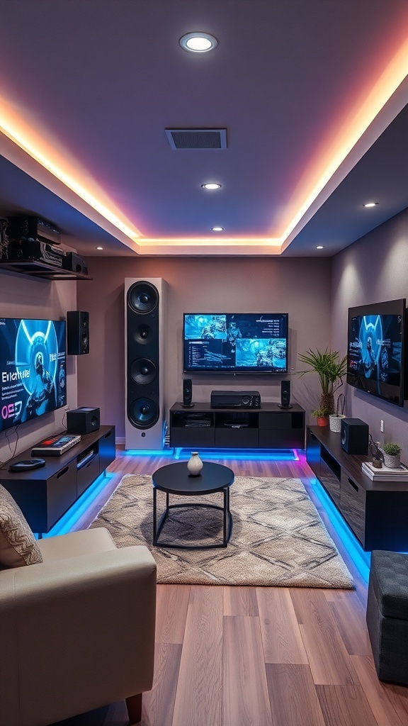 A modern basement apartment with multiple screens, a sound system, and LED lighting.